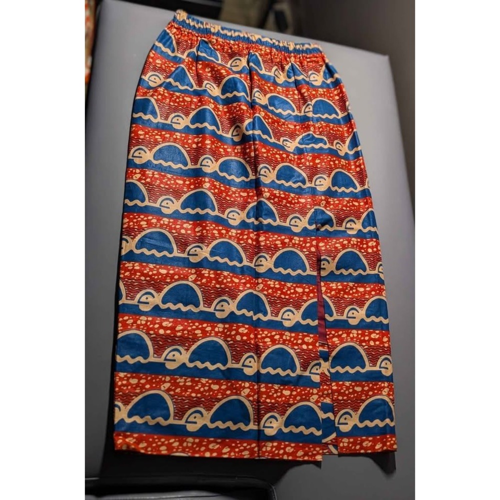 African Wax Print Style Midi Skirt Red‎ Blue Wave Pattern Elastic Waist Womens S